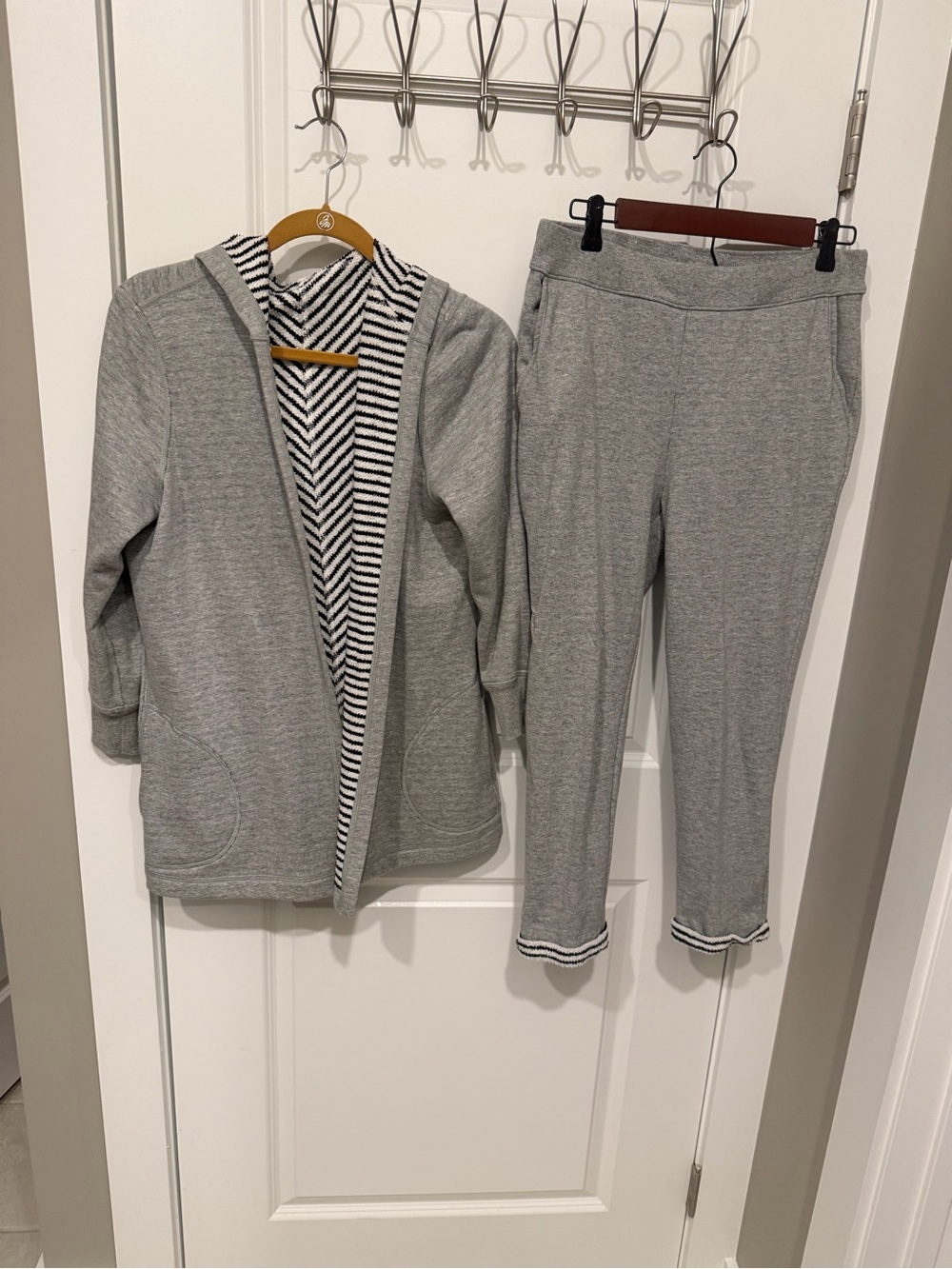 Chico's Grey Hooded Set with Black-and-White Stripes - Reversible Jacket